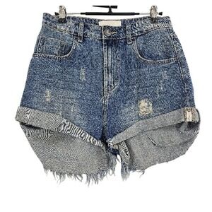 One By One Teaspoon High Waist Bandits Denim Shorts Blue Distressed Ripped Sz 27